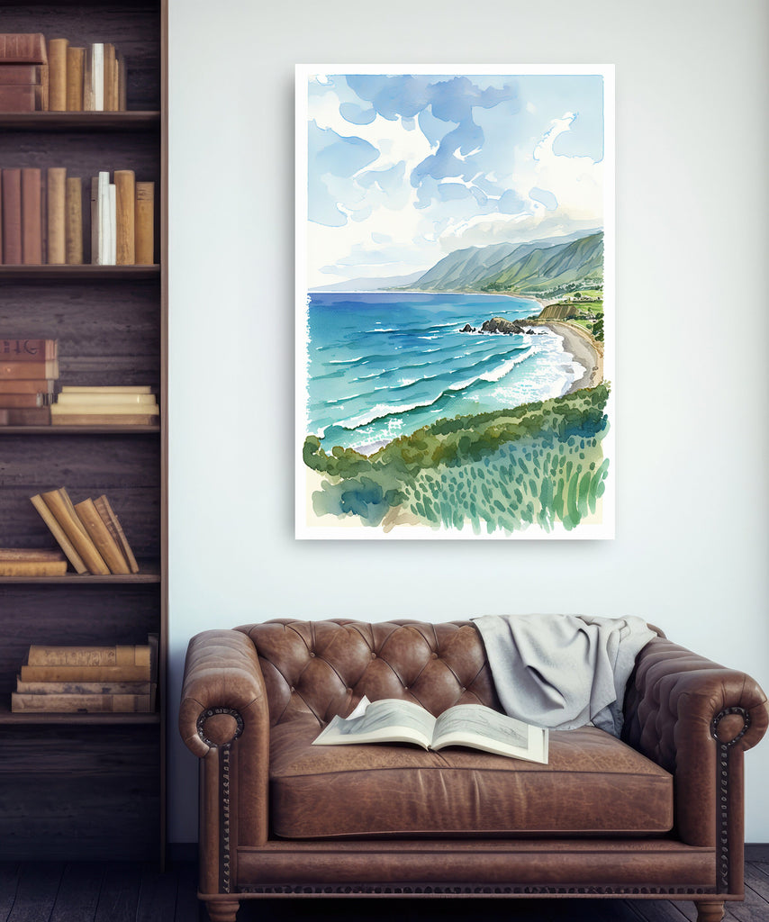 California Big Sur Beach Print Watercolor Ocean Wall Art Tropical Nature Gift Coastal Landscape Home Decor