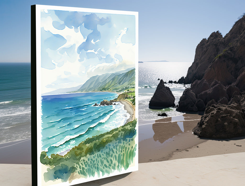 California Big Sur Beach Print Watercolor Ocean Wall Art Tropical Nature Gift Coastal Landscape Home Decor