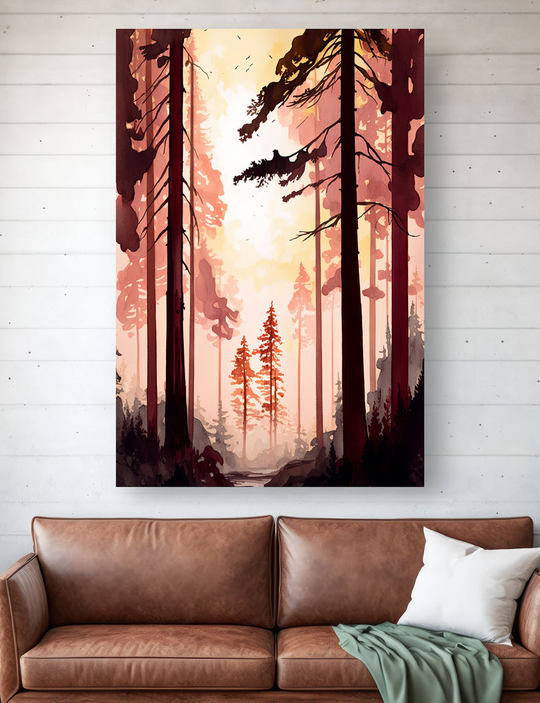 Forest Sunset Watercolor Wall Art Painting Pine Tree Nature Landscape Landscape Gift Woodland Home Decor