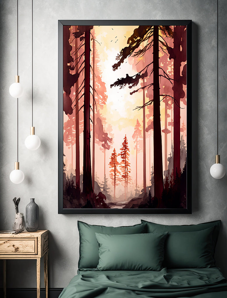 Forest Sunset Watercolor Wall Art Painting Pine Tree Nature Landscape Landscape Gift Woodland Home Decor