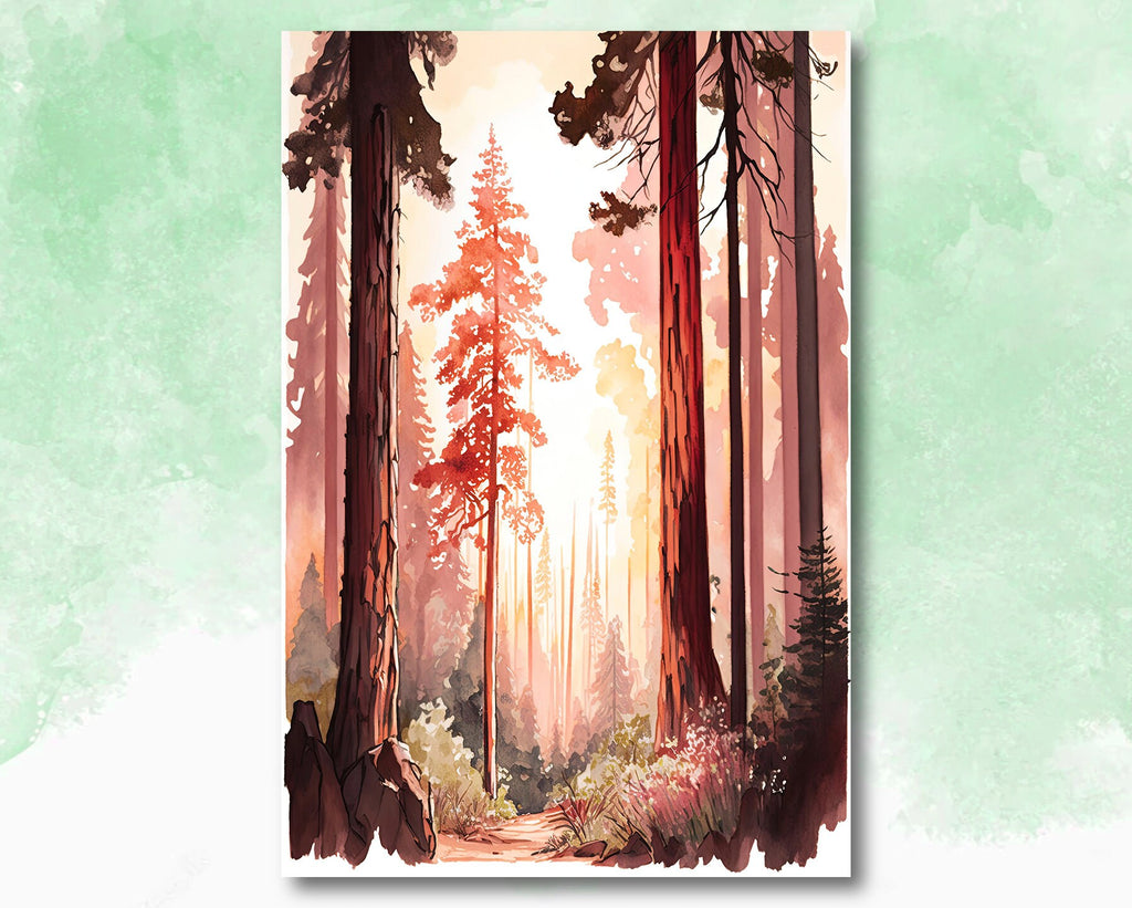 Forest Sunset Watercolor Wall Art Painting Pine Tree Nature Landscape Landscape Gift Woodland Home Decor