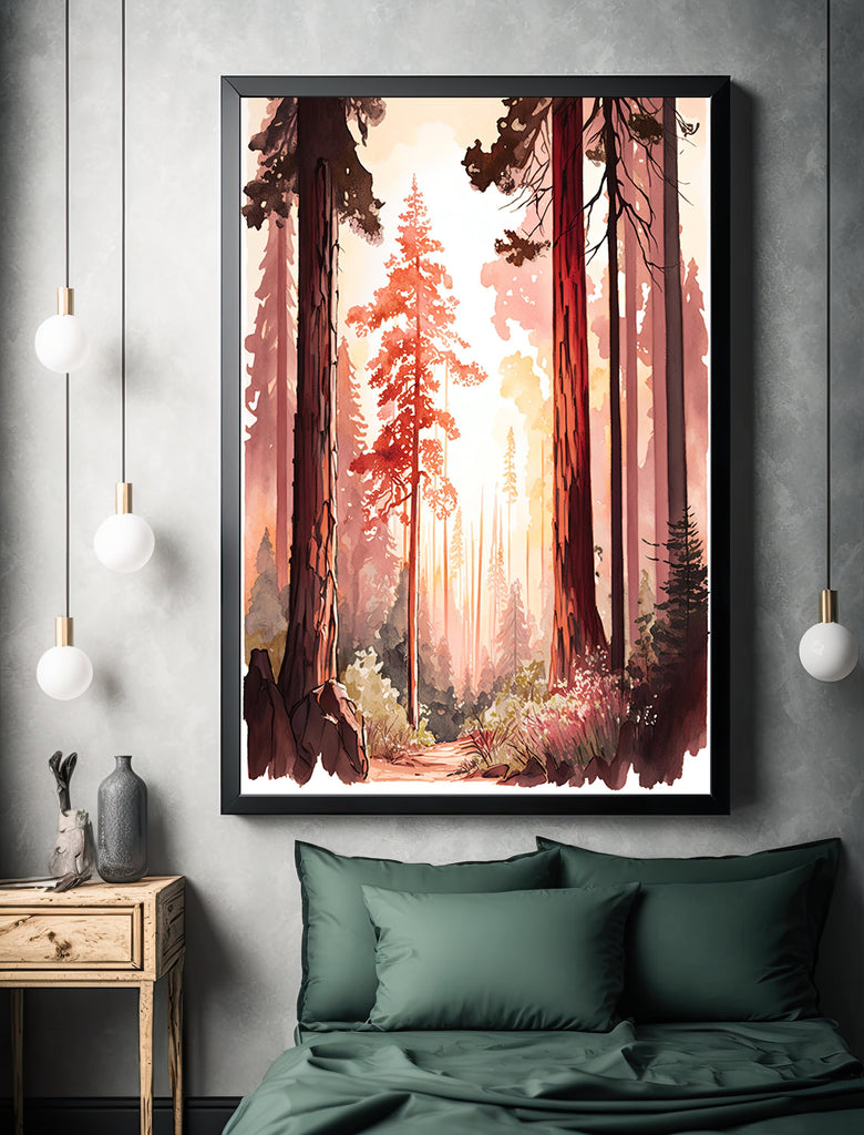 Forest Sunset Watercolor Wall Art Painting Pine Tree Nature Landscape Landscape Gift Woodland Home Decor