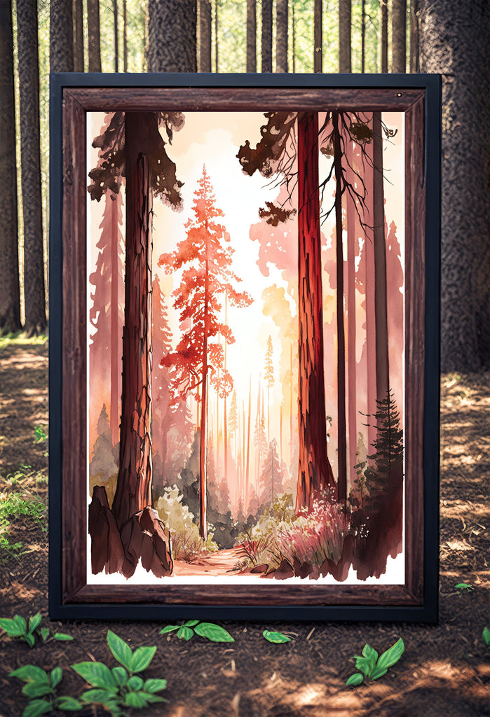 Forest Sunset Watercolor Wall Art Painting Pine Tree Nature Landscape Landscape Gift Woodland Home Decor