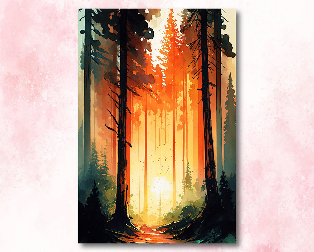 Forest Sunset Watercolor Wall Art Painting Pine Tree Nature Landscape Landscape Gift Woodland Home Decor