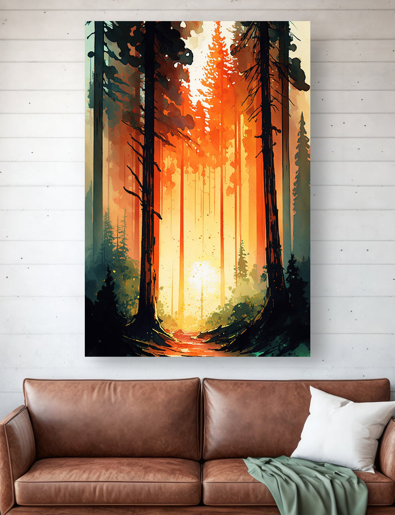 Forest Sunset Watercolor Wall Art Painting Pine Tree Nature Landscape Landscape Gift Woodland Home Decor