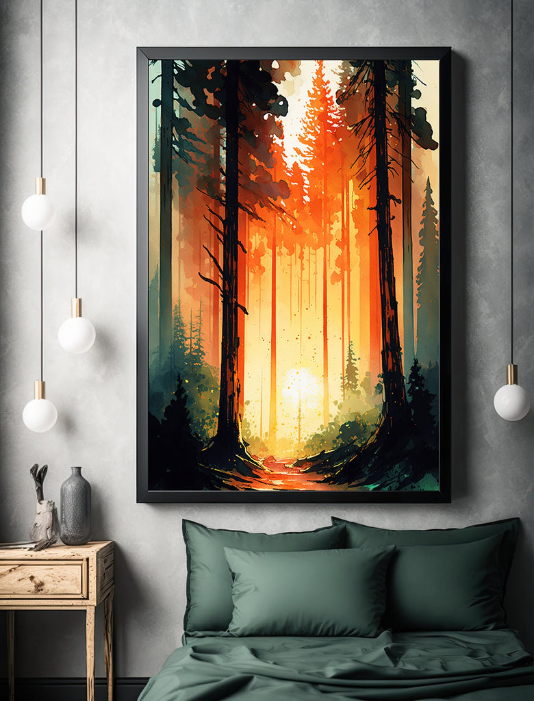 Forest Sunset Watercolor Wall Art Painting Pine Tree Nature Landscape Landscape Gift Woodland Home Decor