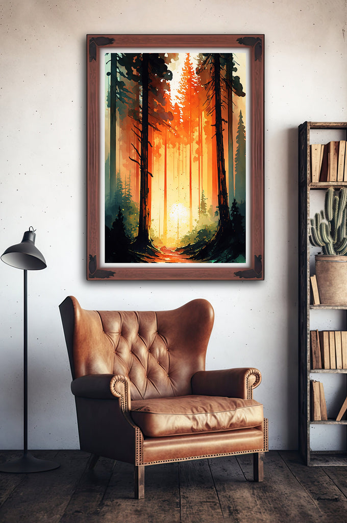 Forest Sunset Watercolor Wall Art Painting Pine Tree Nature Landscape Landscape Gift Woodland Home Decor