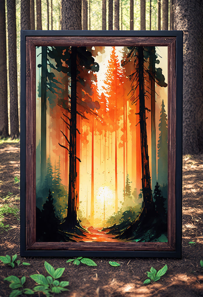 Forest Sunset Watercolor Wall Art Painting Pine Tree Nature Landscape Landscape Gift Woodland Home Decor