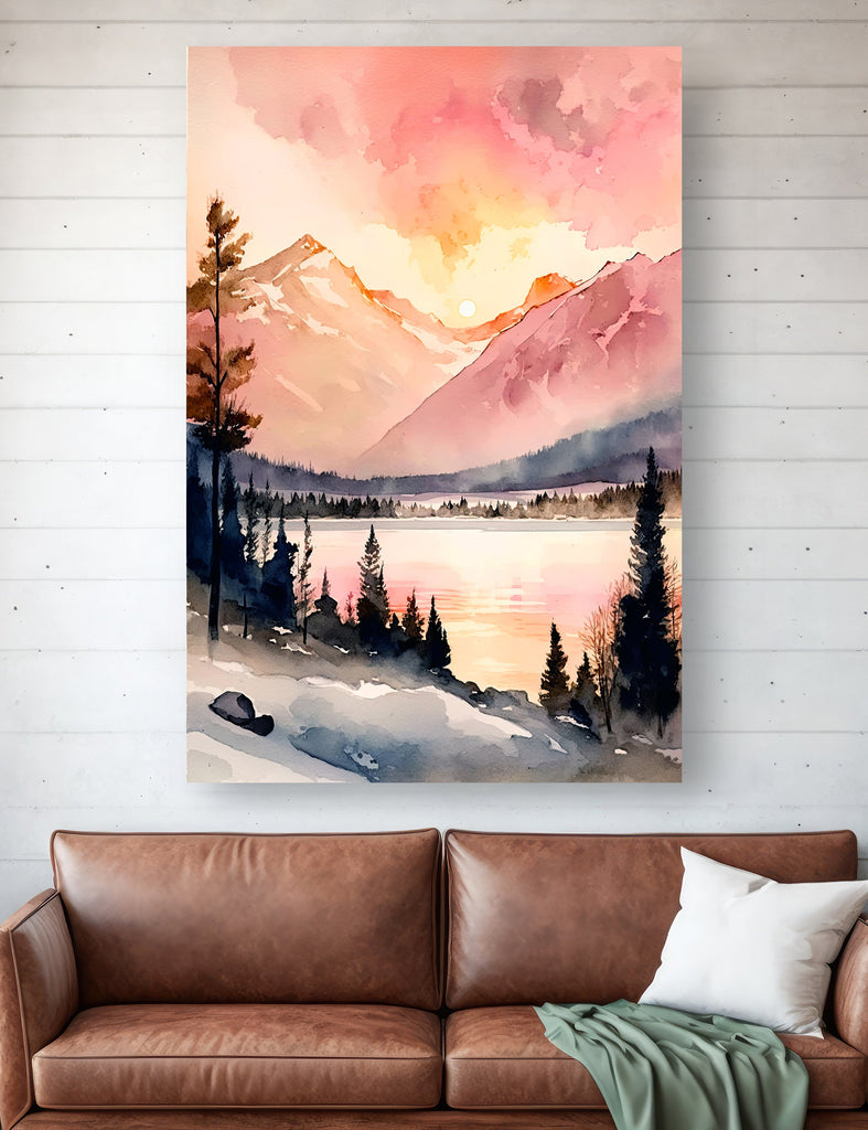 Winter Forest Mountain Sunset Wall Art Cabin Decor Landscape Painting Snowy Art Prints Outdoorsy Gifts Woodland Nursery Cottagecore Decor