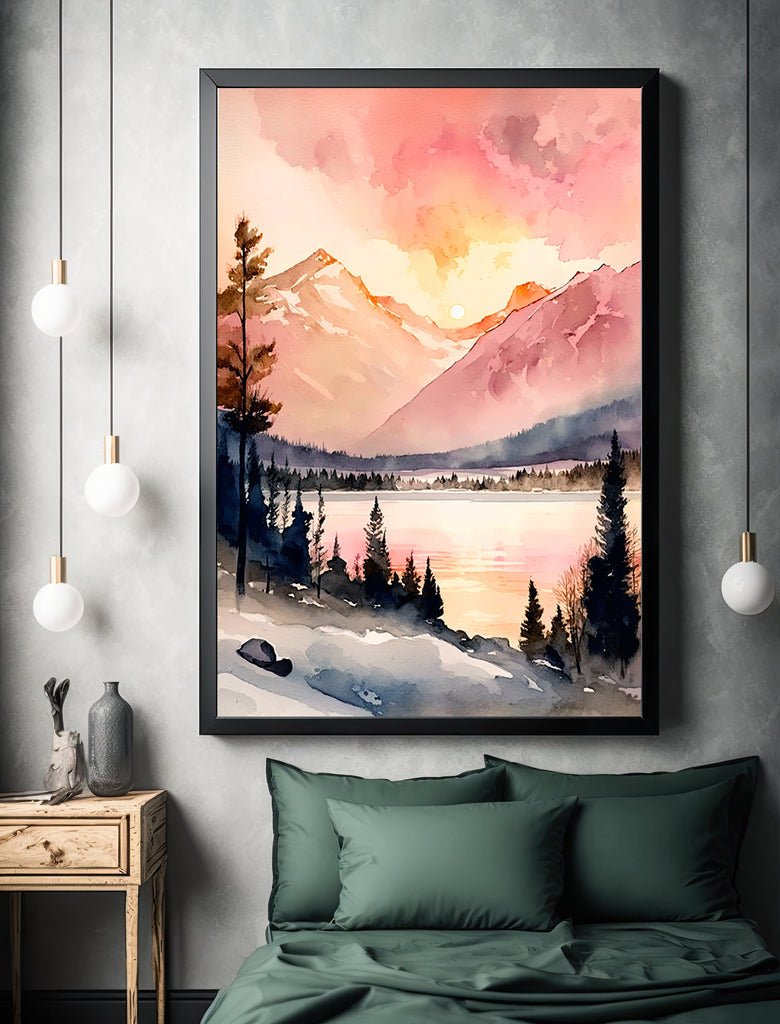 Winter Forest Mountain Sunset Wall Art Cabin Decor Landscape Painting Snowy Art Prints Outdoorsy Gifts Woodland Nursery Cottagecore Decor