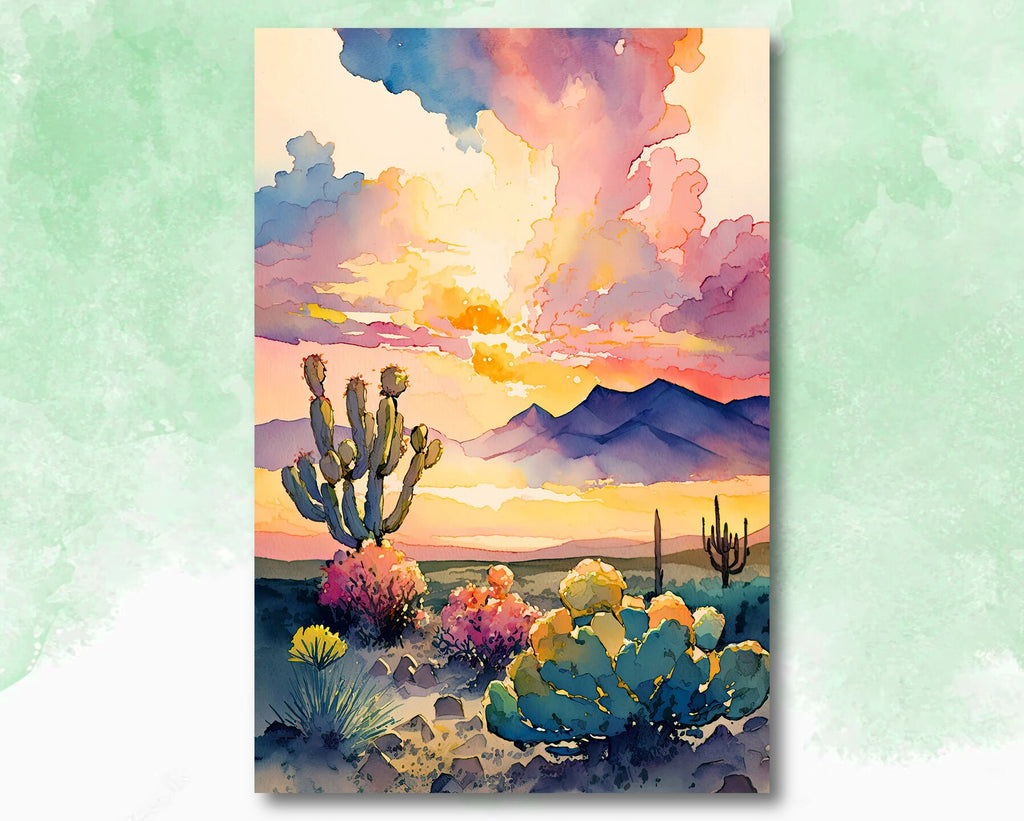 Desert Cactus Sunset Print Colorful Watercolor Wall Art Southwest Landscape Gift Beautiful Nature Home Decor