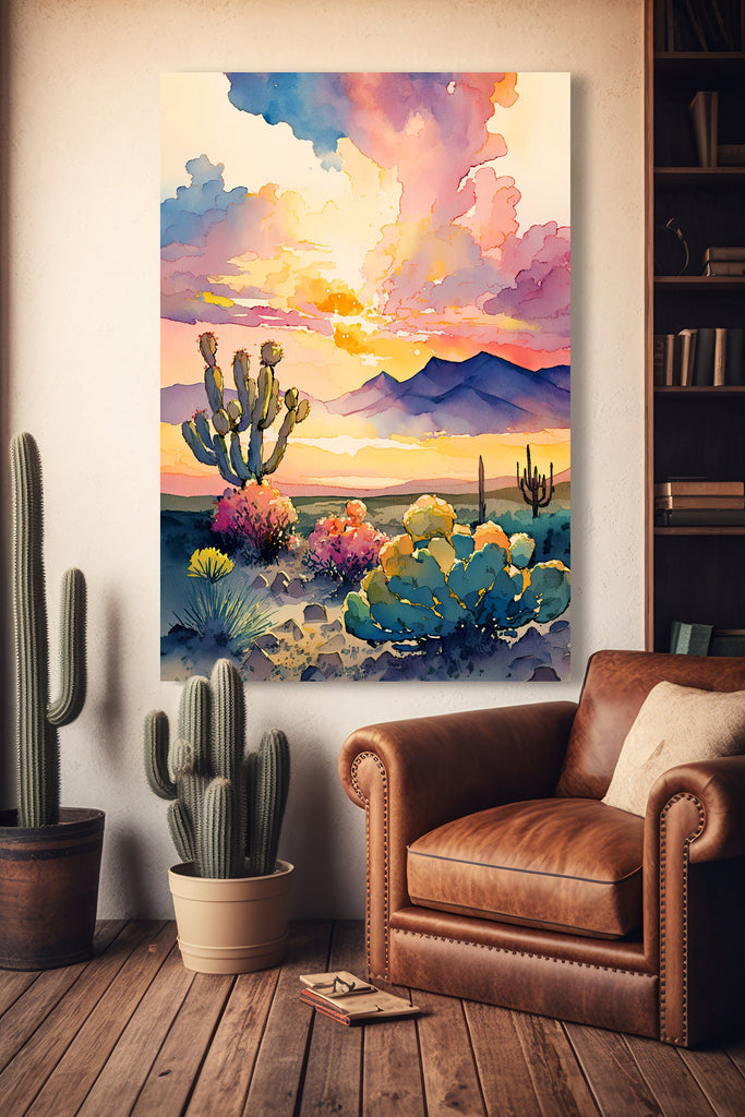 Desert Cactus Sunset Print Colorful Watercolor Wall Art Southwest Landscape Gift Beautiful Nature Home Decor