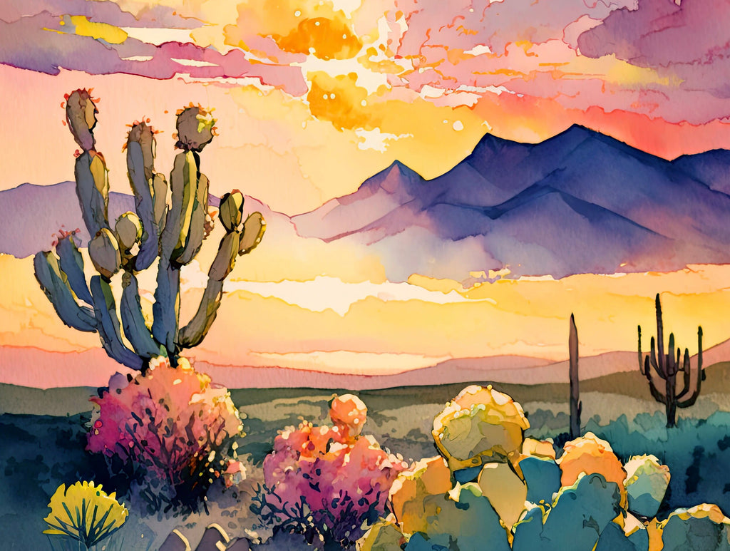 Desert Cactus Sunset Print Colorful Watercolor Wall Art Southwest Landscape Gift Beautiful Nature Home Decor