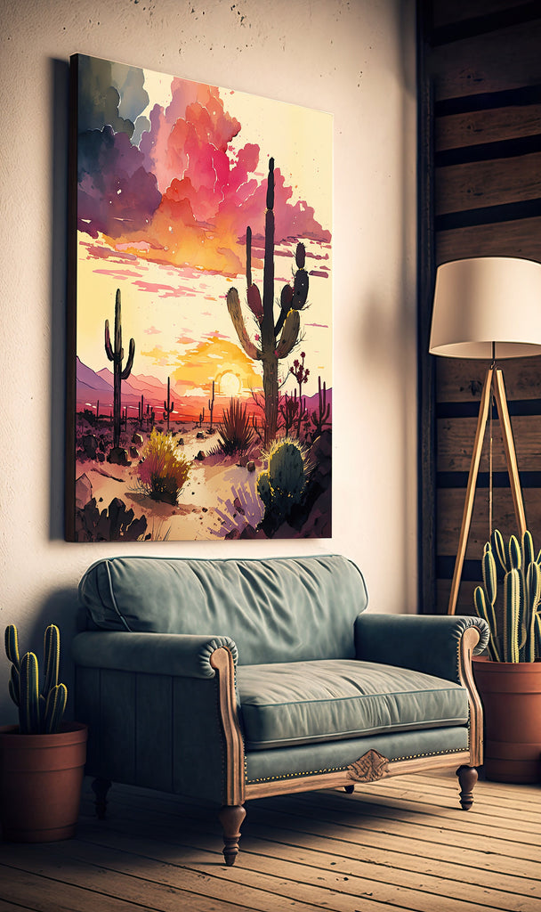 Desert Cactus Sunset Print Colorful Watercolor Wall Art Southwest Landscape Gift Saguaro Beautiful Nature Home Decor