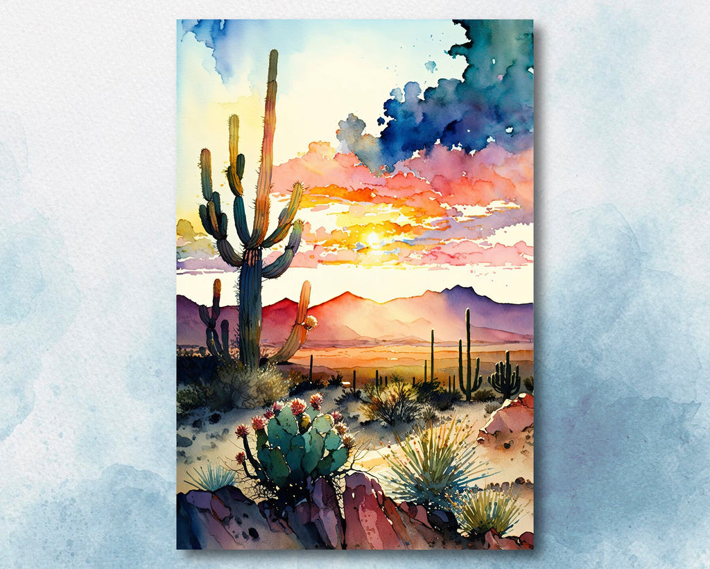 Desert Cactus Sunset Print Colorful Watercolor Wall Art Southwest Landscape Gift Saguaro Beautiful Nature Home Decor