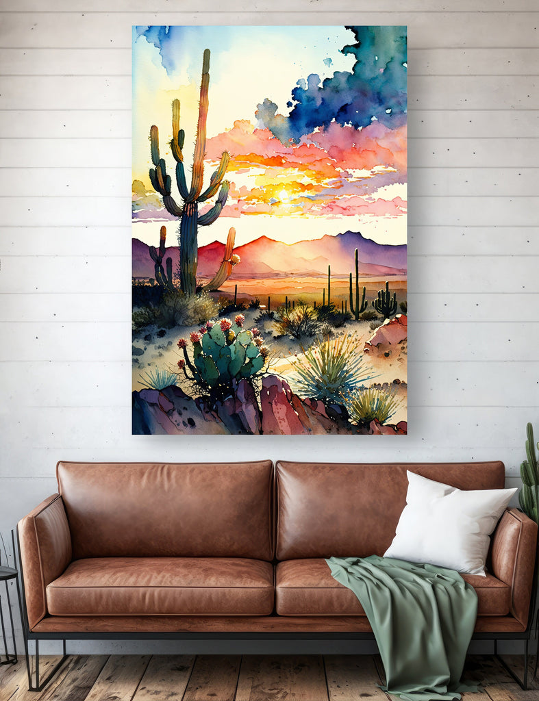 Desert Cactus Sunset Print Colorful Watercolor Wall Art Southwest Landscape Gift Saguaro Beautiful Nature Home Decor