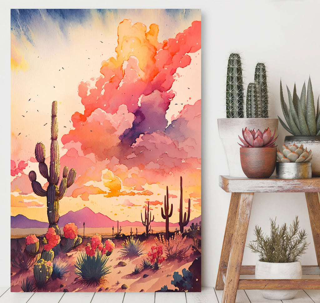 Desert Cactus Sunset Print Colorful Watercolor Wall Art Southwest Landscape Gift Saguaro Beautiful Nature Home Decor