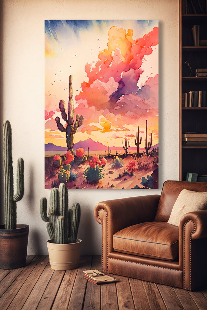 Desert Cactus Sunset Print Colorful Watercolor Wall Art Southwest Landscape Gift Saguaro Beautiful Nature Home Decor