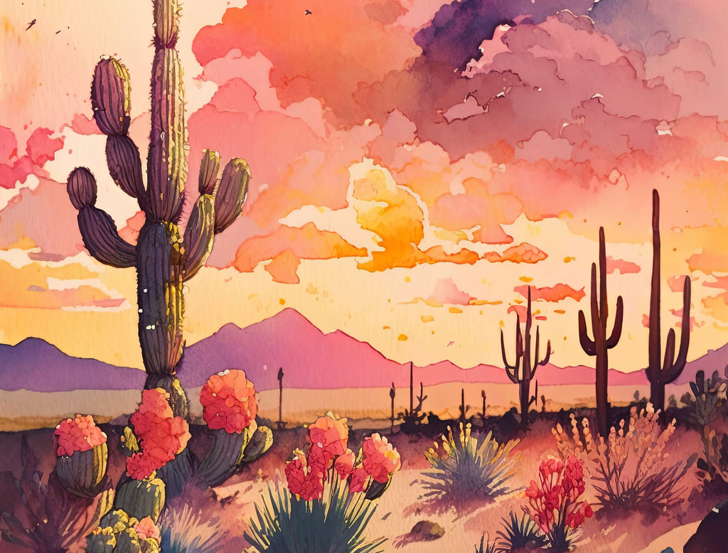 Desert Cactus Sunset Print Colorful Watercolor Wall Art Southwest Landscape Gift Saguaro Beautiful Nature Home Decor