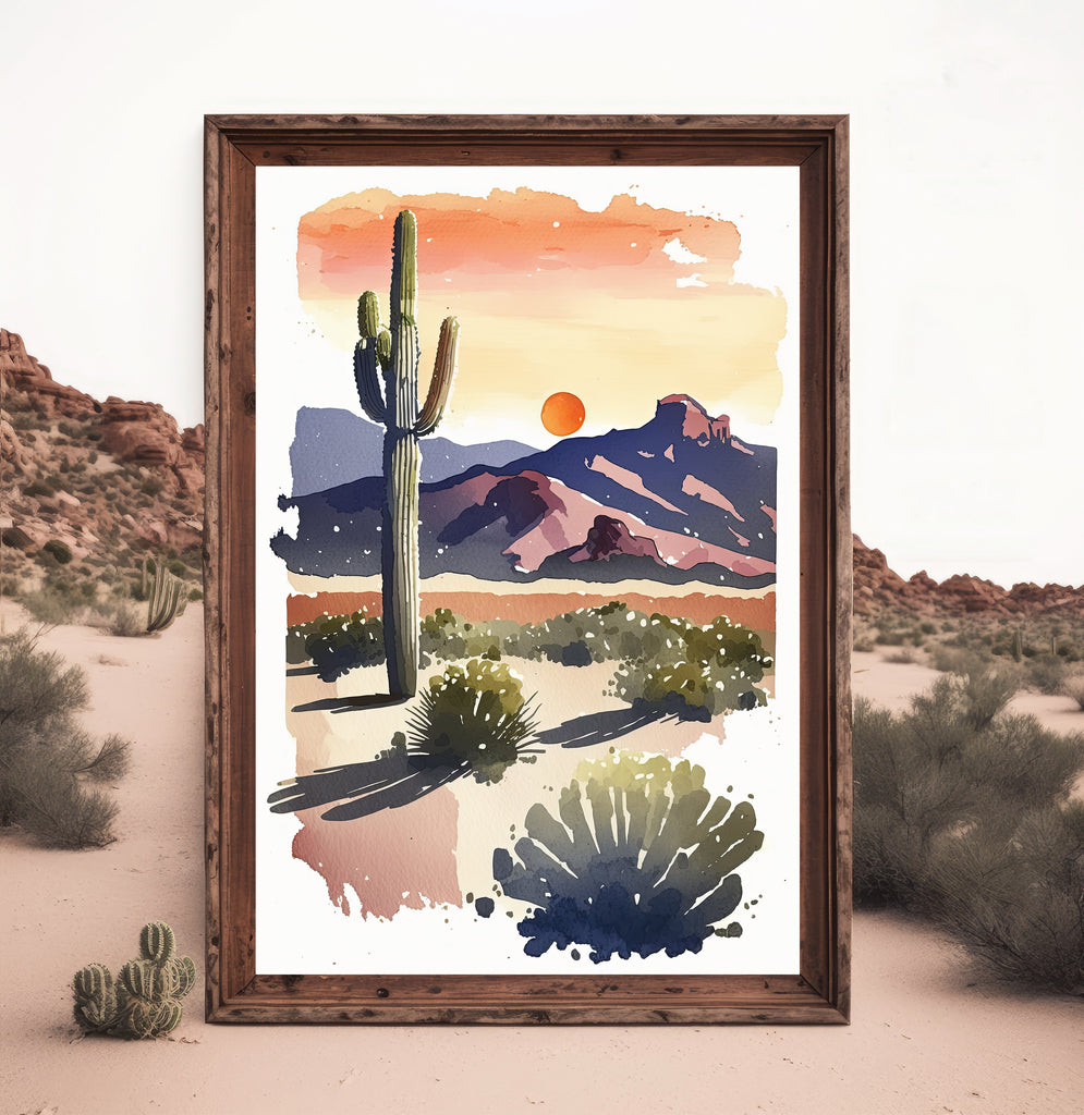 Desert Cactus Sunset Print Colorful Minimalist Watercolor Wall Art Southwest Landscape Gift Saguaro Beautiful Nature Home Decor