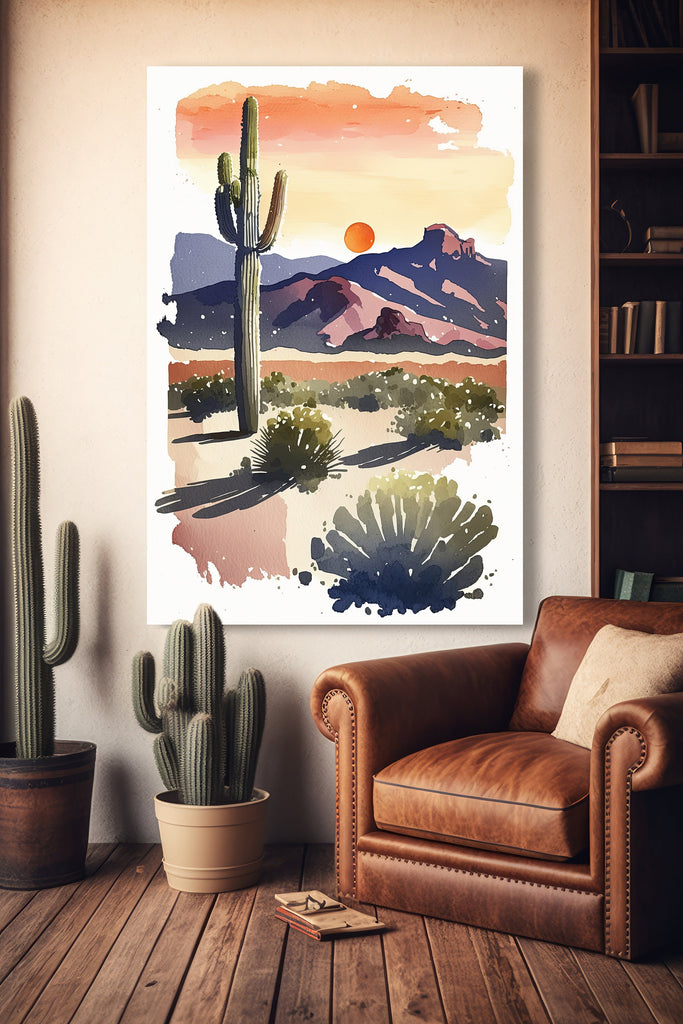 Desert Cactus Sunset Print Colorful Minimalist Watercolor Wall Art Southwest Landscape Gift Saguaro Beautiful Nature Home Decor