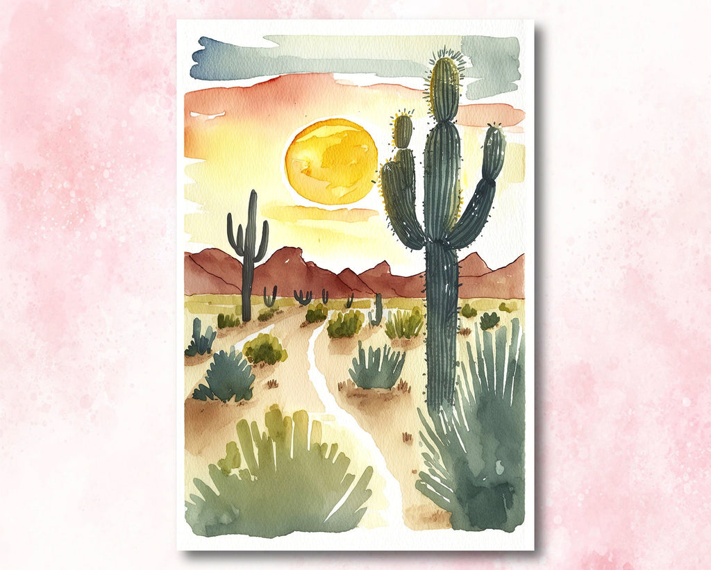 Desert Cactus Sunset Print Colorful Minimalist Watercolor Wall Art Southwest Landscape Gift Saguaro Beautiful Nature Home Decor