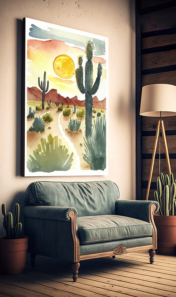 Desert Cactus Sunset Print Colorful Minimalist Watercolor Wall Art Southwest Landscape Gift Saguaro Beautiful Nature Home Decor