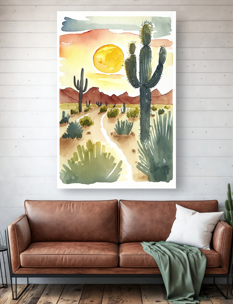 Desert Cactus Sunset Print Colorful Minimalist Watercolor Wall Art Southwest Landscape Gift Saguaro Beautiful Nature Home Decor