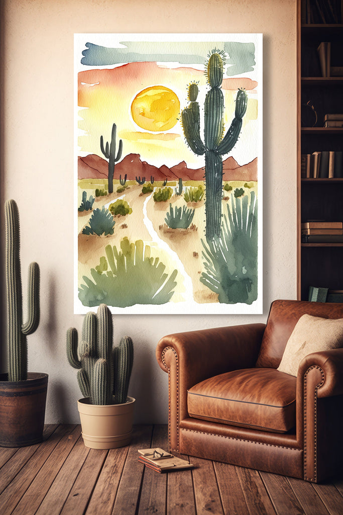 Desert Cactus Sunset Print Colorful Minimalist Watercolor Wall Art Southwest Landscape Gift Saguaro Beautiful Nature Home Decor