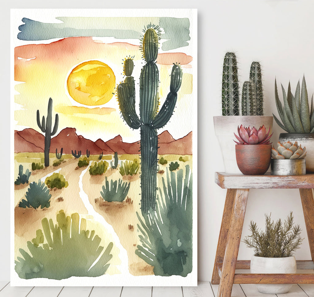 Desert Cactus Sunset Print Colorful Minimalist Watercolor Wall Art Southwest Landscape Gift Saguaro Beautiful Nature Home Decor