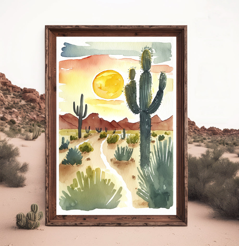 Desert Cactus Sunset Print Colorful Minimalist Watercolor Wall Art Southwest Landscape Gift Saguaro Beautiful Nature Home Decor