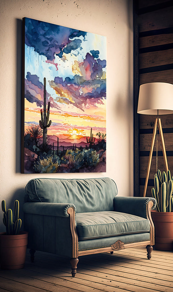 Desert Cactus Sunset Print Colorful Watercolor Wall Art Southwest Landscape Gift Saguaro Beautiful Nature Home Decor