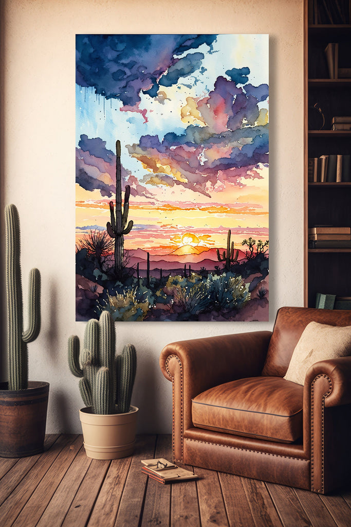 Desert Cactus Sunset Print Colorful Watercolor Wall Art Southwest Landscape Gift Saguaro Beautiful Nature Home Decor