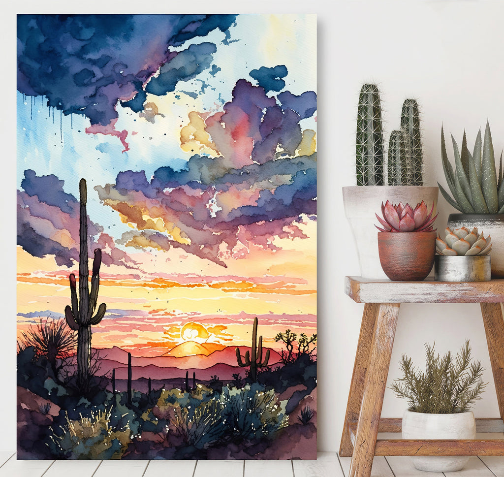 Desert Cactus Sunset Print Colorful Watercolor Wall Art Southwest Landscape Gift Saguaro Beautiful Nature Home Decor