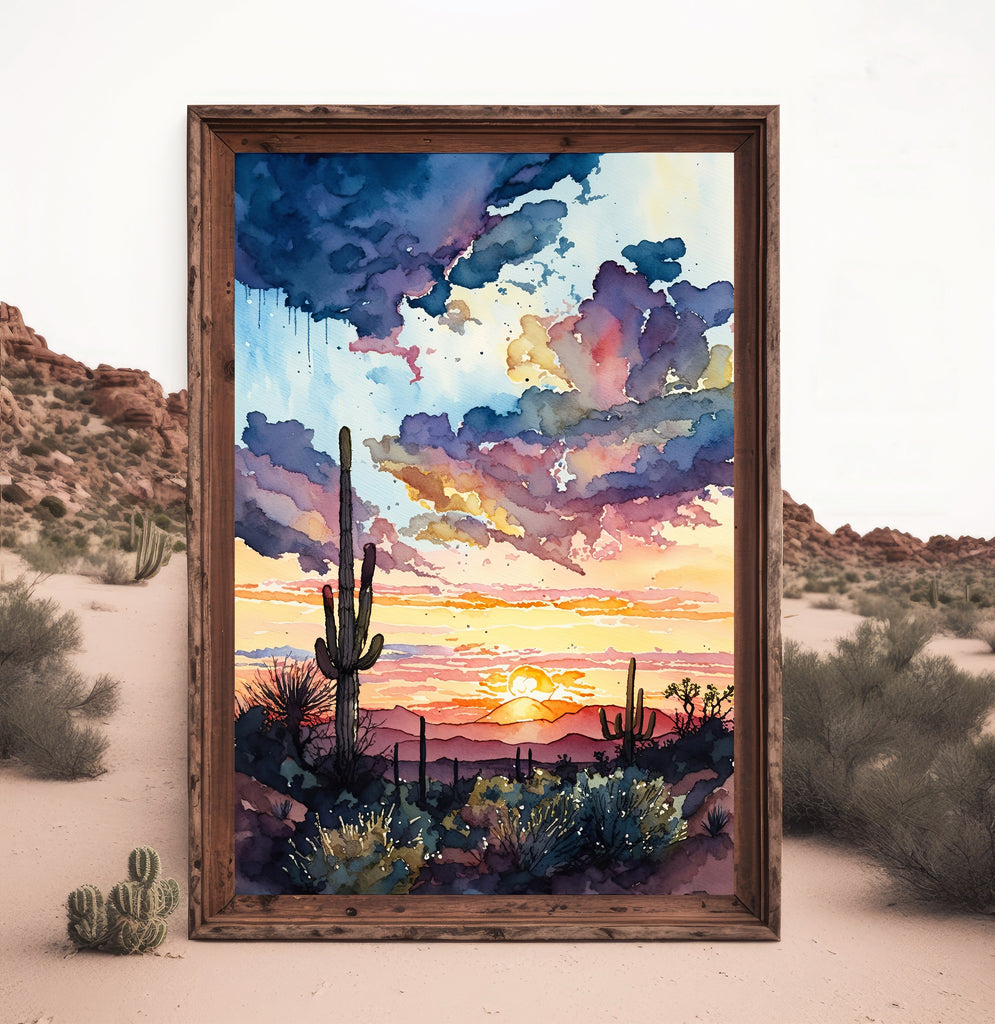 Desert Cactus Sunset Print Colorful Watercolor Wall Art Southwest Landscape Gift Saguaro Beautiful Nature Home Decor