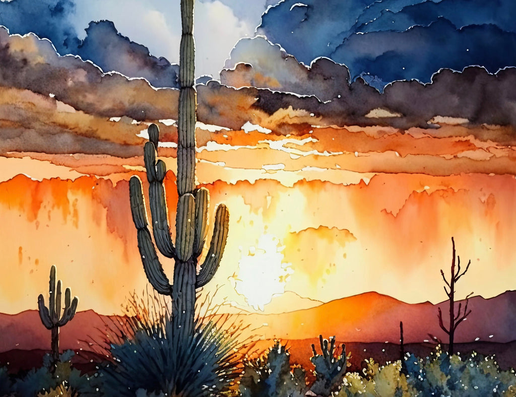 Desert Cactus Sunset Print Colorful Watercolor Wall Art Southwest Landscape Gift Saguaro Beautiful Nature Home Decor