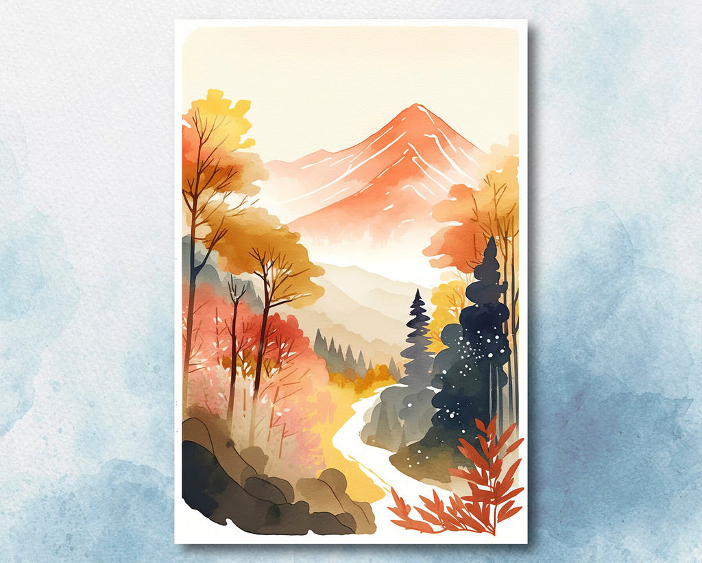 Autumn Forest Mountain Wall Art Cabin Decor Landscape Watercolor Painting Fall Prints Outdoorsy Gifts Woodland Nursery Cottagecore Decor