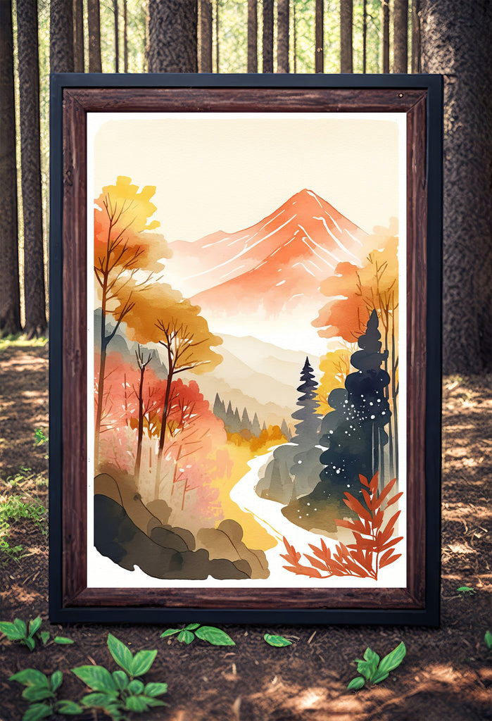 Autumn Forest Mountain Wall Art Cabin Decor Landscape Watercolor Painting Fall Prints Outdoorsy Gifts Woodland Nursery Cottagecore Decor