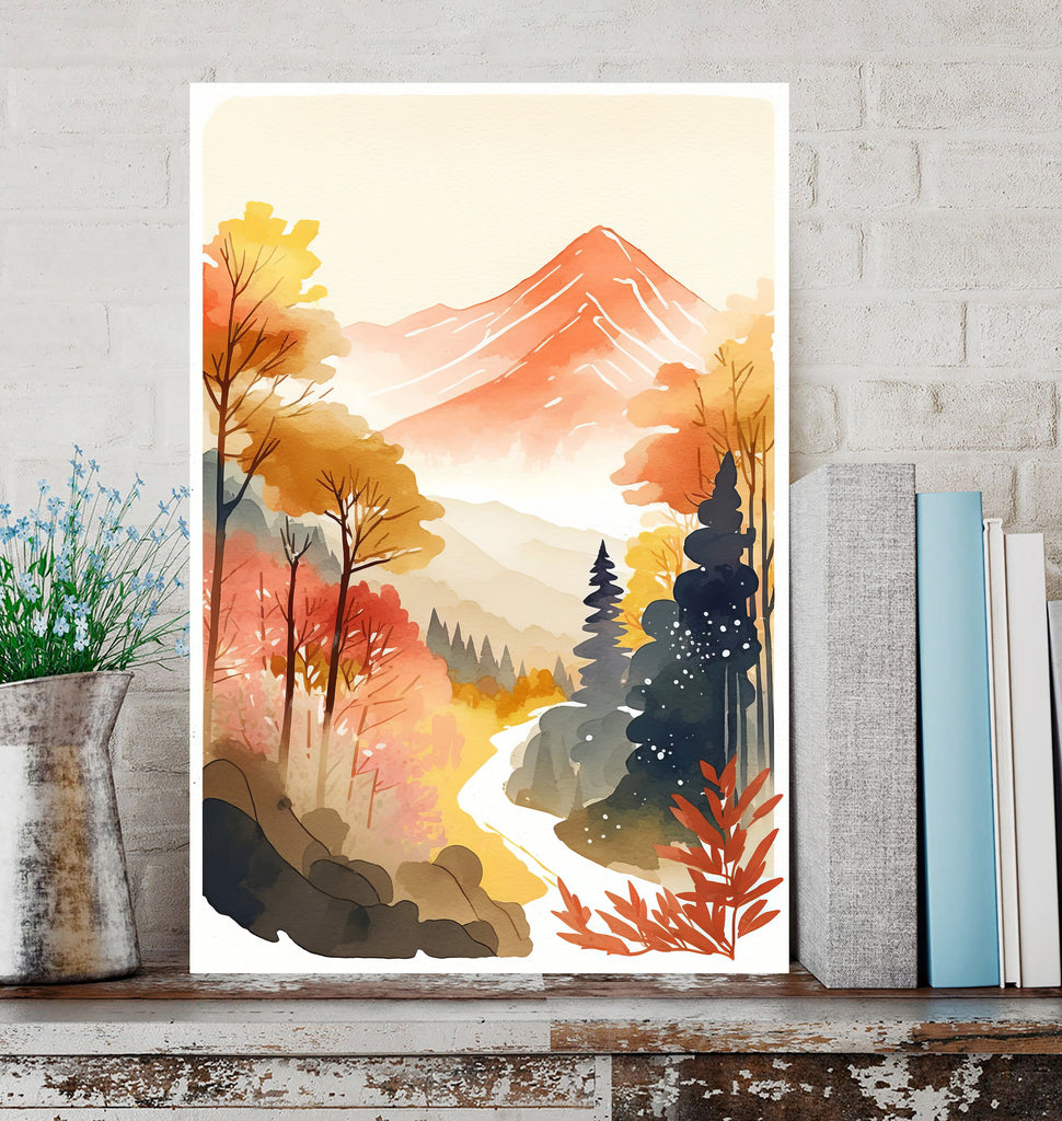 Autumn Forest Mountain Wall Art Cabin Decor Landscape Watercolor Painting Fall Prints Outdoorsy Gifts Woodland Nursery Cottagecore Decor