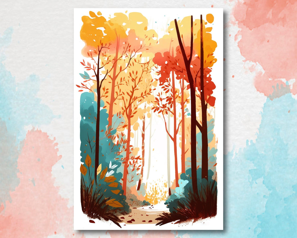 Autumn Forest Wall Art Cabin Decor Landscape Watercolor Painting Fall Prints Outdoorsy Gifts Woodland Nursery Cottagecore Decor