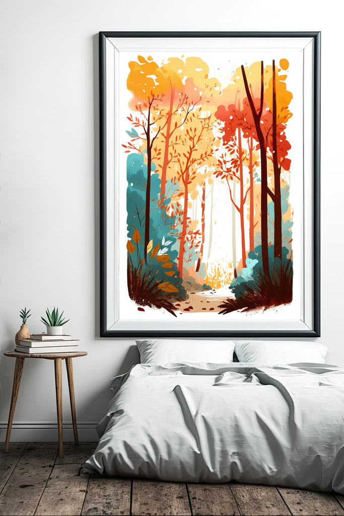 Autumn Forest Wall Art Cabin Decor Landscape Watercolor Painting Fall Prints Outdoorsy Gifts Woodland Nursery Cottagecore Decor