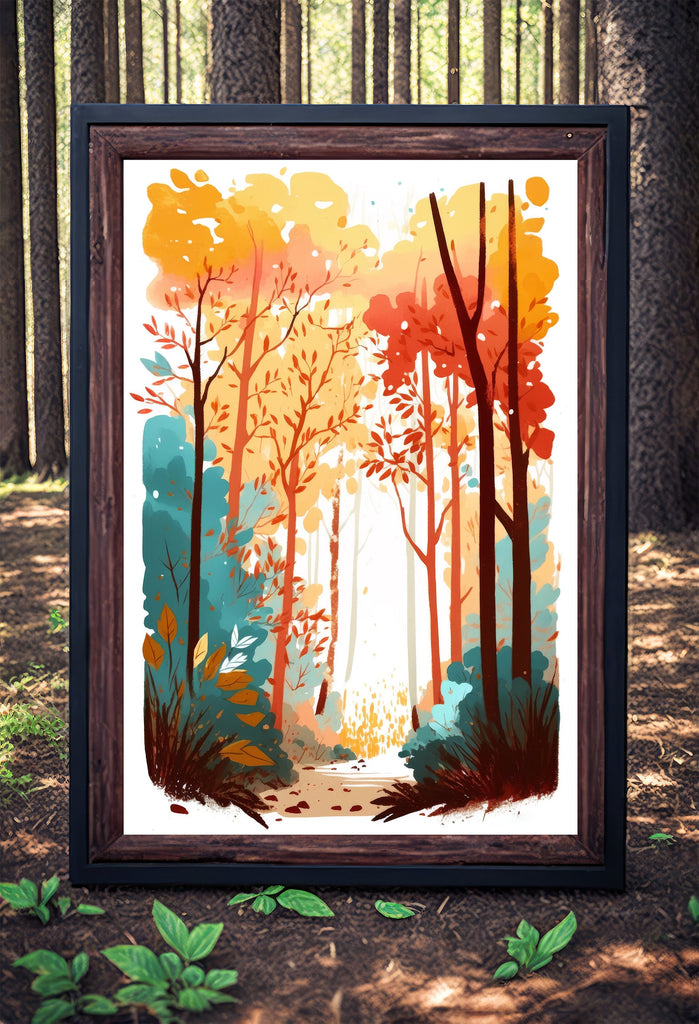 Autumn Forest Wall Art Cabin Decor Landscape Watercolor Painting Fall Prints Outdoorsy Gifts Woodland Nursery Cottagecore Decor