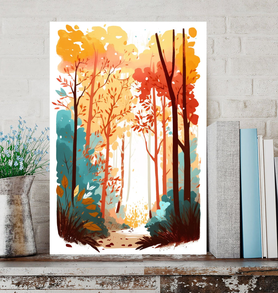 Autumn Forest Wall Art Cabin Decor Landscape Watercolor Painting Fall Prints Outdoorsy Gifts Woodland Nursery Cottagecore Decor