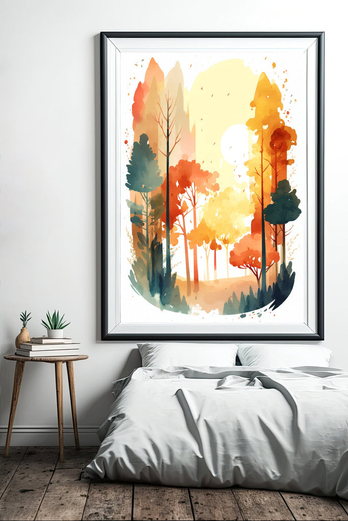 Autumn Sunset Forest Wall Art Cabin Decor Landscape Watercolor Painting Fall Prints Outdoorsy Gifts Woodland Nursery Cottagecore Decor