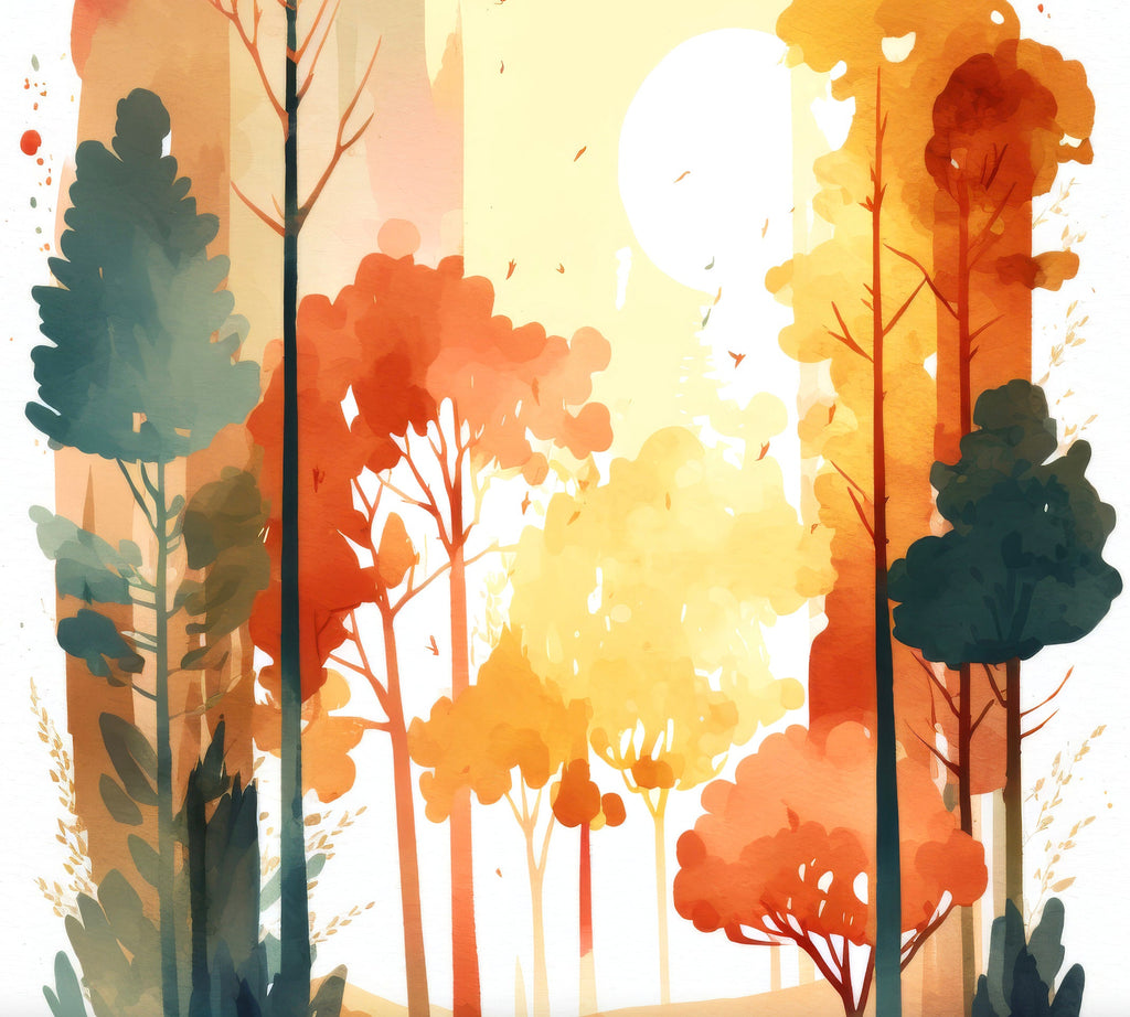 Autumn Sunset Forest Wall Art Cabin Decor Landscape Watercolor Painting Fall Prints Outdoorsy Gifts Woodland Nursery Cottagecore Decor