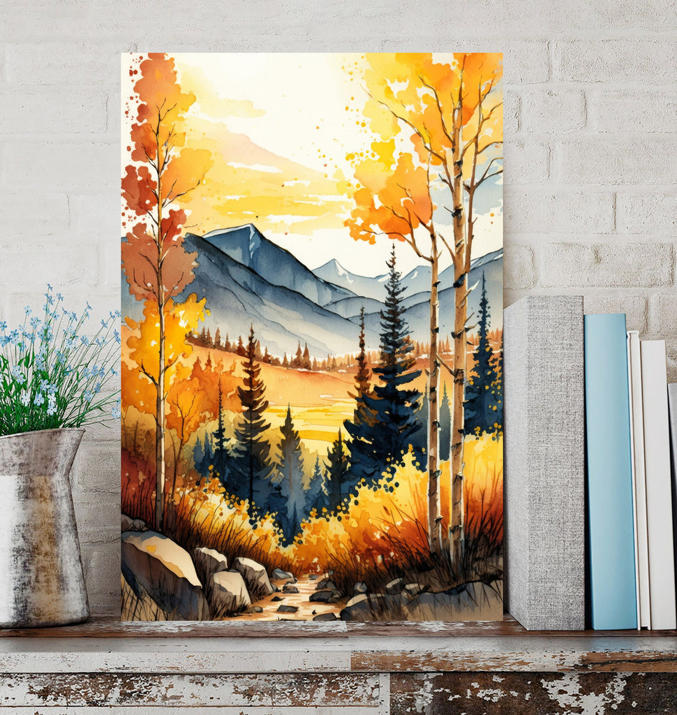 Autumn Forest Mountain Wall Art Cabin Decor Landscape Watercolor Painting Fall Prints Outdoorsy Gifts Woodland Nursery Cottagecore Decor