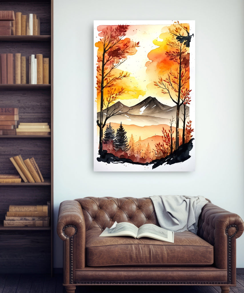 Autumn Forest Mountain Wall Art Cabin Decor Landscape Watercolor Painting Fall Prints Outdoorsy Gifts Woodland Nursery Cottagecore Decor