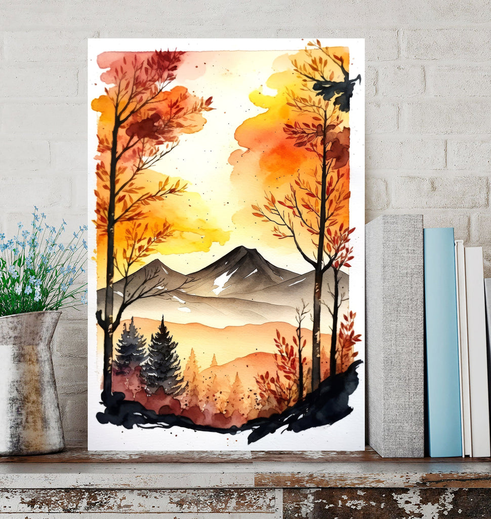 Autumn Forest Mountain Wall Art Cabin Decor Landscape Watercolor Painting Fall Prints Outdoorsy Gifts Woodland Nursery Cottagecore Decor