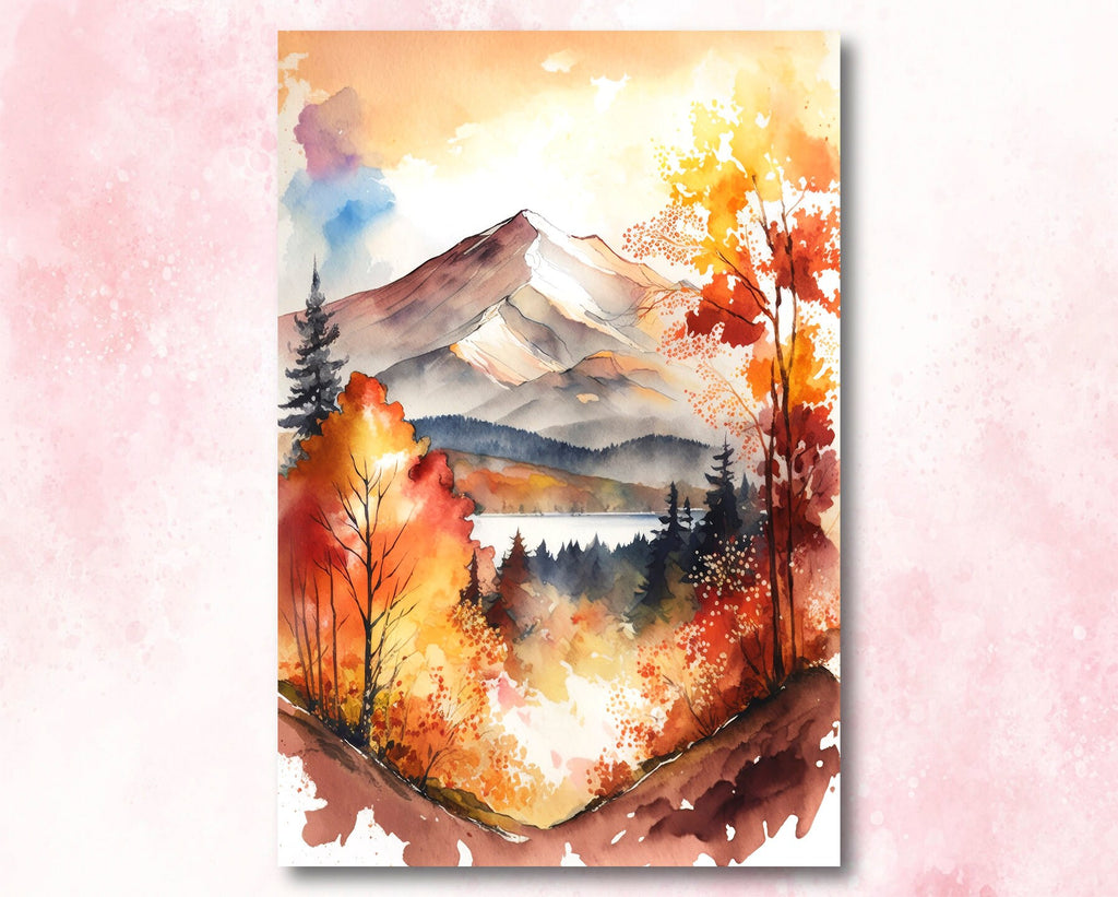 Autumn Forest Mountain Wall Art Cabin Decor Landscape Watercolor Painting Fall Prints Outdoorsy Gifts Woodland Nursery Cottagecore Decor