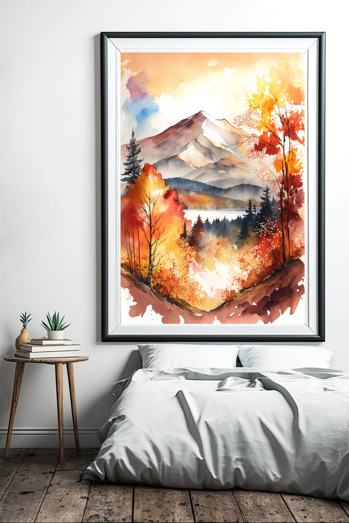 Autumn Forest Mountain Wall Art Cabin Decor Landscape Watercolor Painting Fall Prints Outdoorsy Gifts Woodland Nursery Cottagecore Decor